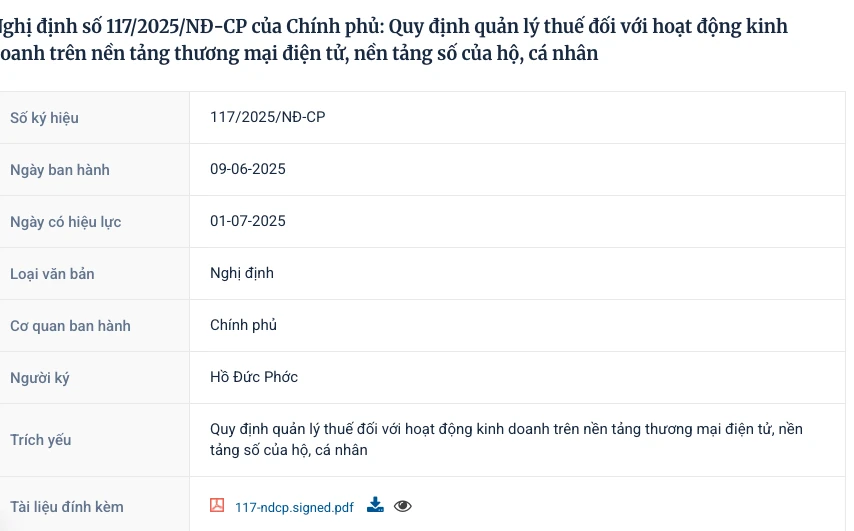 Trang Chính phủ ghi Nghị định 117/2025/NĐ-CP ban hành 09/06/2025 và có hiệu lực 01/07/2025