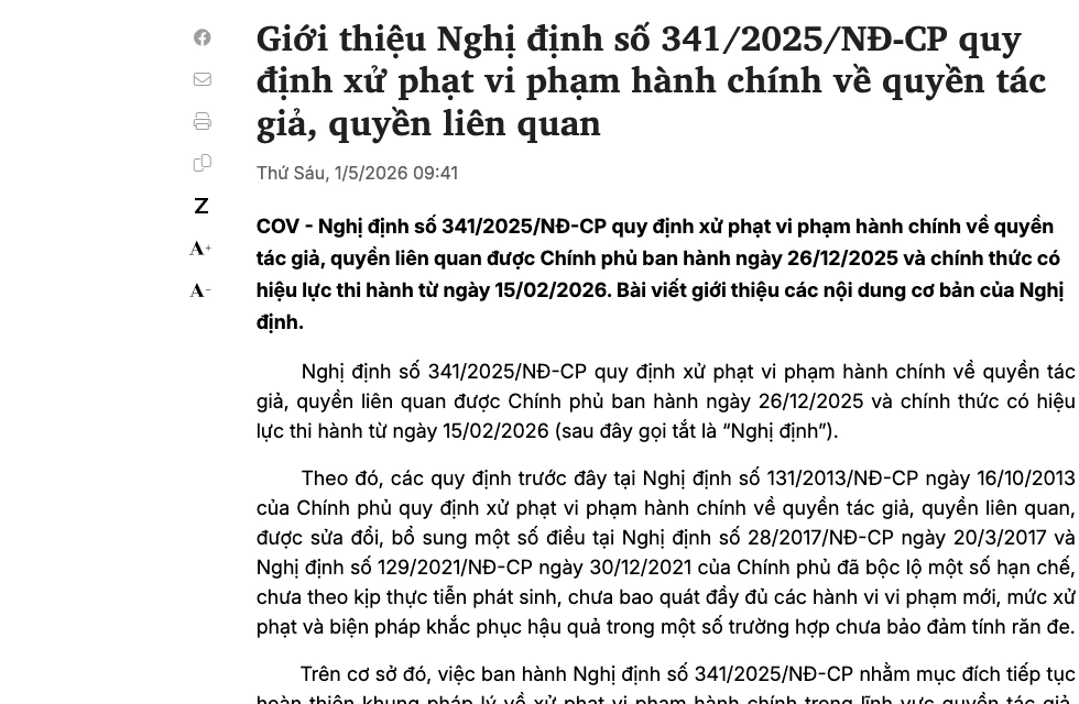 Trang giới thiệu Nghị định 341/2025/NĐ-CP trên cổng thông tin của Cục Bản quyền tác giả