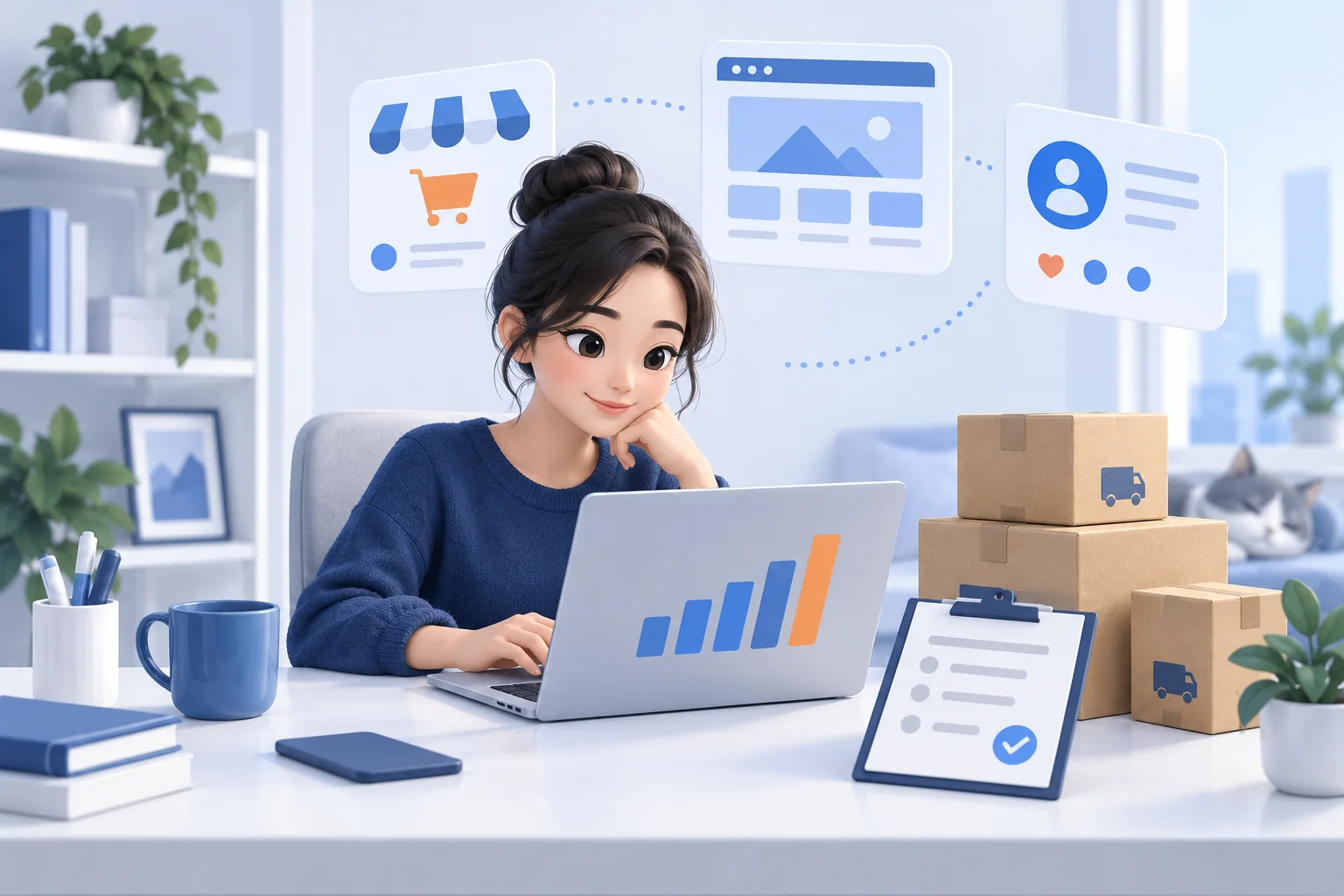 Người bán online đối soát doanh thu đa kênh trên máy tính, bên cạnh thùng hàng