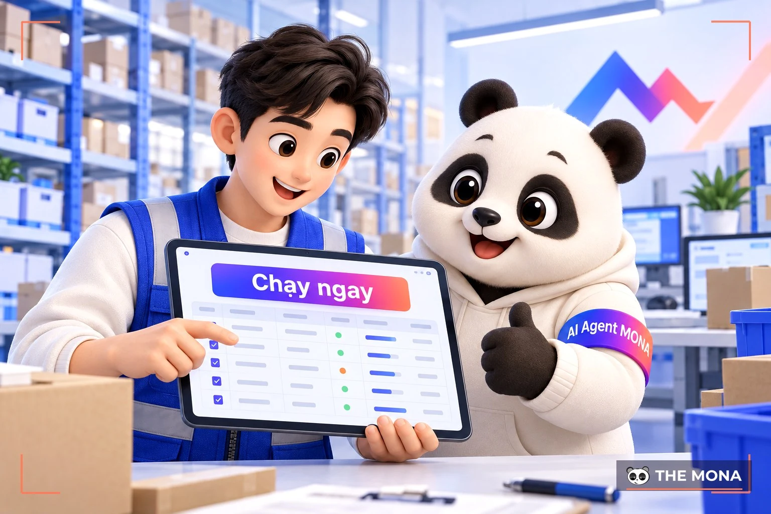 Nhân viên kho dùng ngay màn hình phần mềm quen thuộc bên cạnh gấu MONA