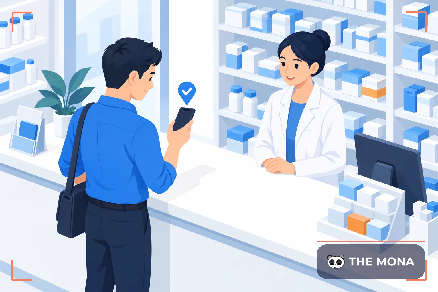 Nhân viên thị trường cầm điện thoại check-in tại quầy một nhà thuốc nhỏ