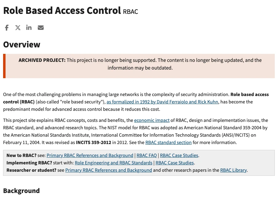 Trang Role Based Access Control của NIST mô tả phân quyền theo vai trò