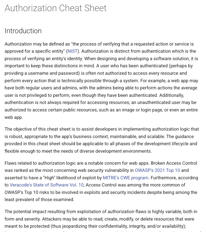 Trang Authorization Cheat Sheet của OWASP với danh sách khuyến nghị kiểm soát truy cập