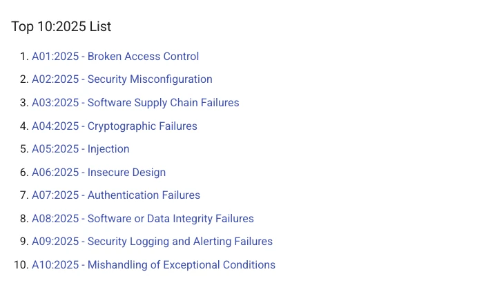 Danh sách OWASP Top 10:2025 gồm mười nhóm rủi ro ứng dụng web