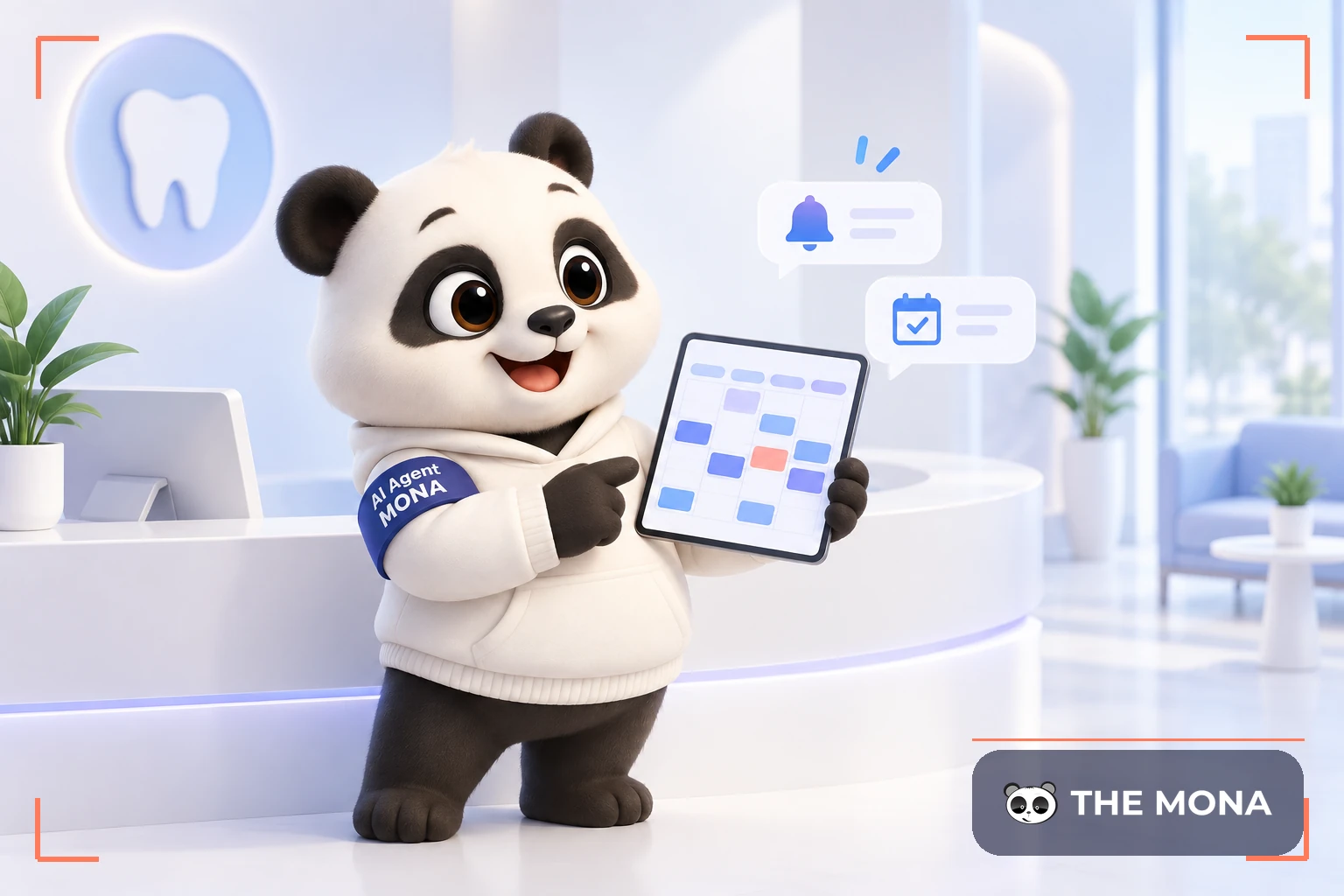 Gấu MONA cầm máy tính bảng lịch hẹn tại quầy lễ tân phòng khám nha khoa
