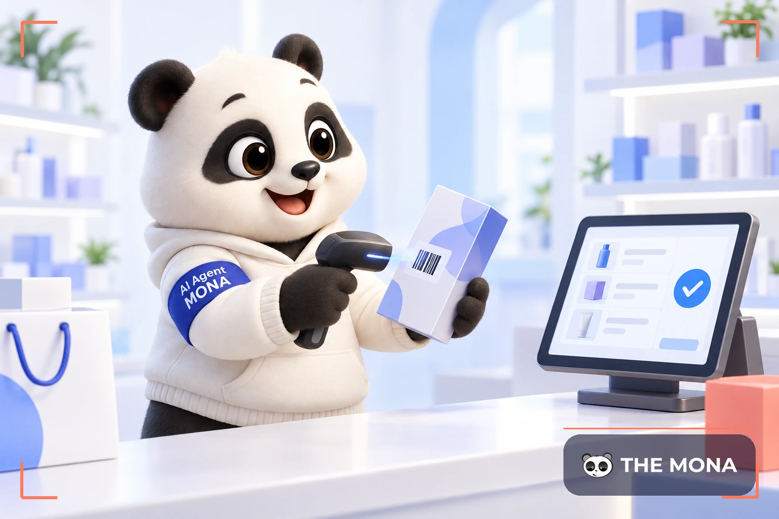 Gấu MONA quét mã vạch sản phẩm tại quầy bán lẻ bên máy POS đã thanh toán