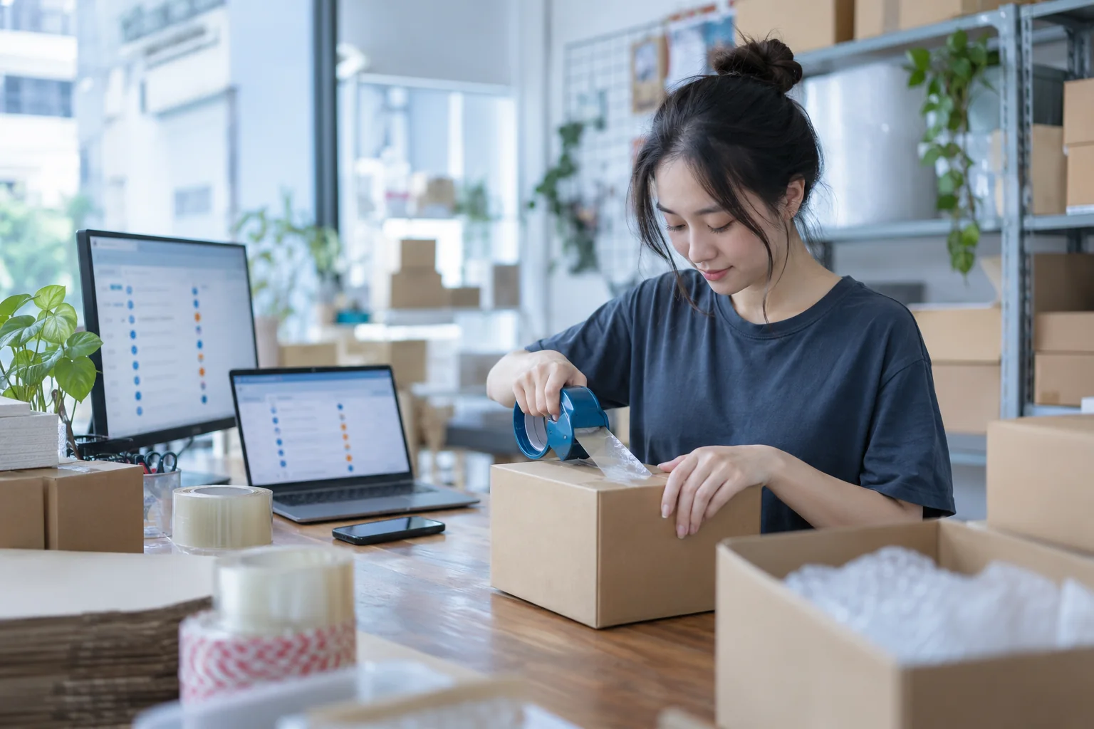 Người bán đóng gói đơn hàng bên màn hình hiển thị danh sách đơn từ nhiều kênh