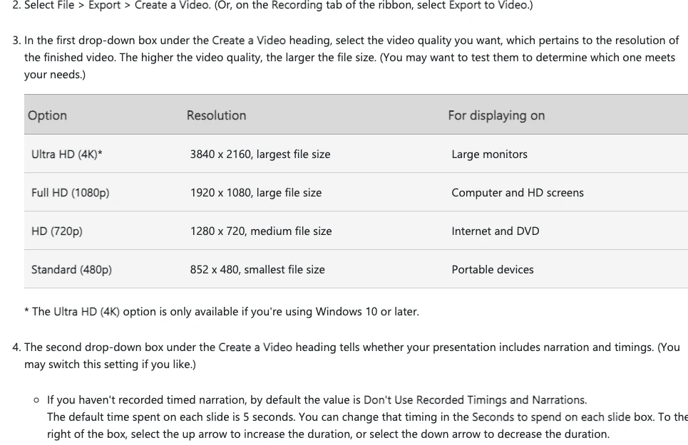 Bảng chất lượng video khi xuất bài giảng PowerPoint bằng Create a Video