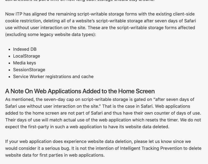 Đoạn bài WebKit nêu quy tắc 7 ngày với dữ liệu ghi bằng script trên Safari