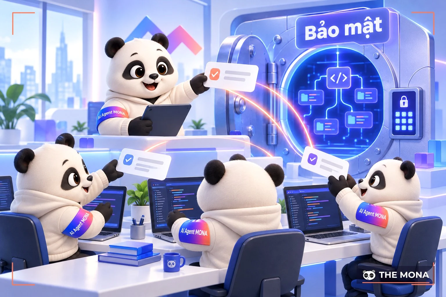Gấu quản lý dự án giao việc cho ba lập trình viên cạnh cửa hầm bảo mật