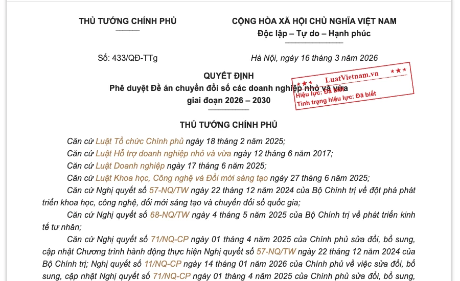 Phần đầu văn bản Quyết định 433/QĐ-TTg phê duyệt Đề án chuyển đổi số doanh nghiệp nhỏ và vừa