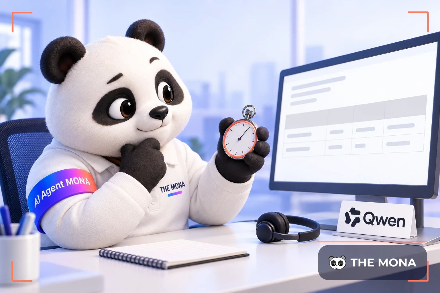 Gấu MONA cầm đồng hồ bấm giờ trước bảng giá tính theo token của Qwen