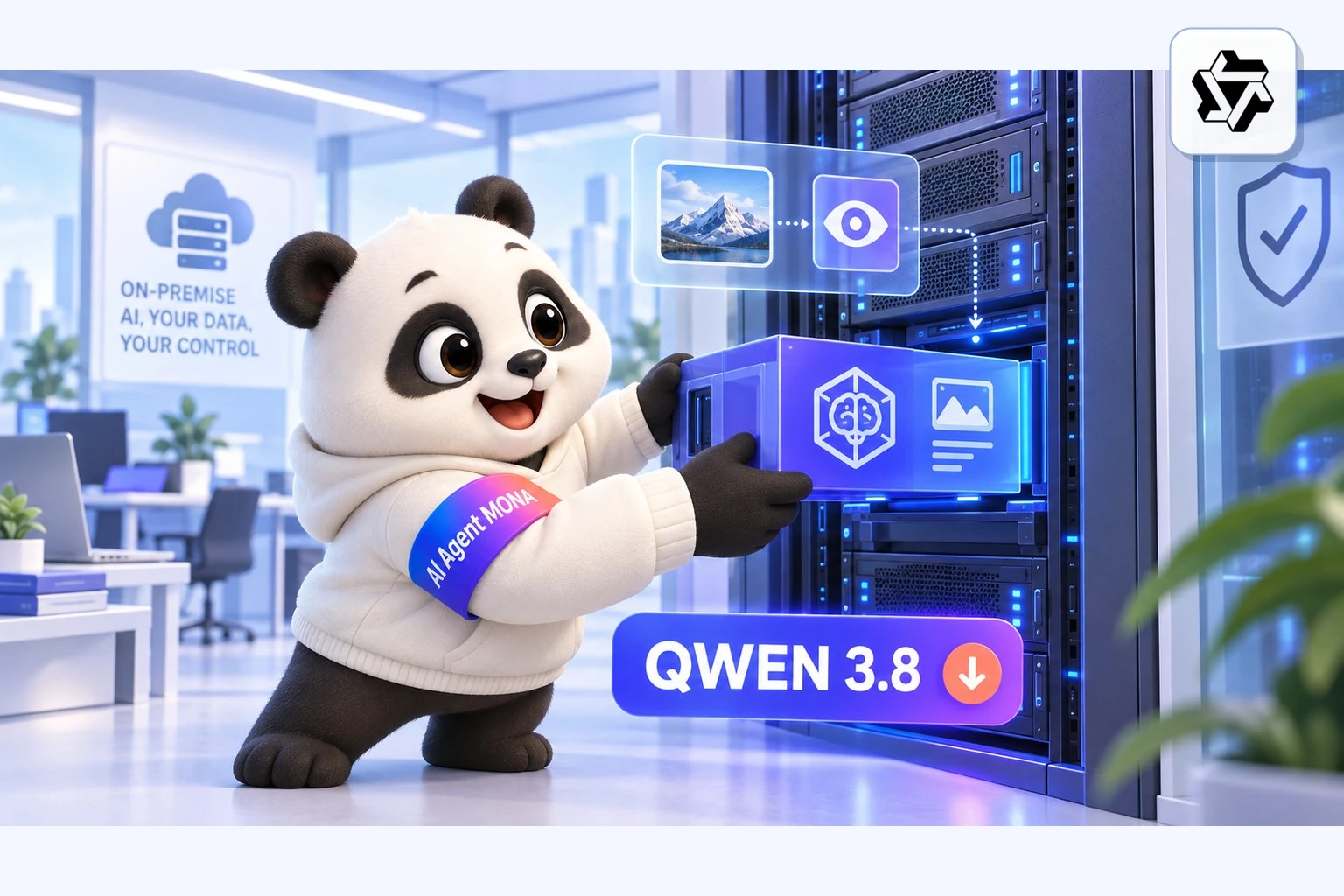Gấu MONA lắp khối Qwen 3.8 vào tủ máy chủ đặt trong văn phòng công ty