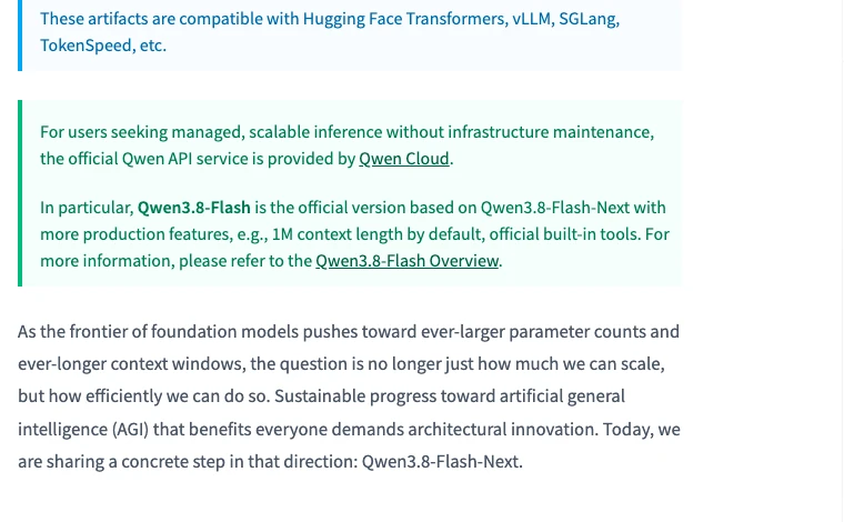 Model card Qwen3.8-Flash-Next ghi bản API Qwen3.8-Flash có thêm tính năng production