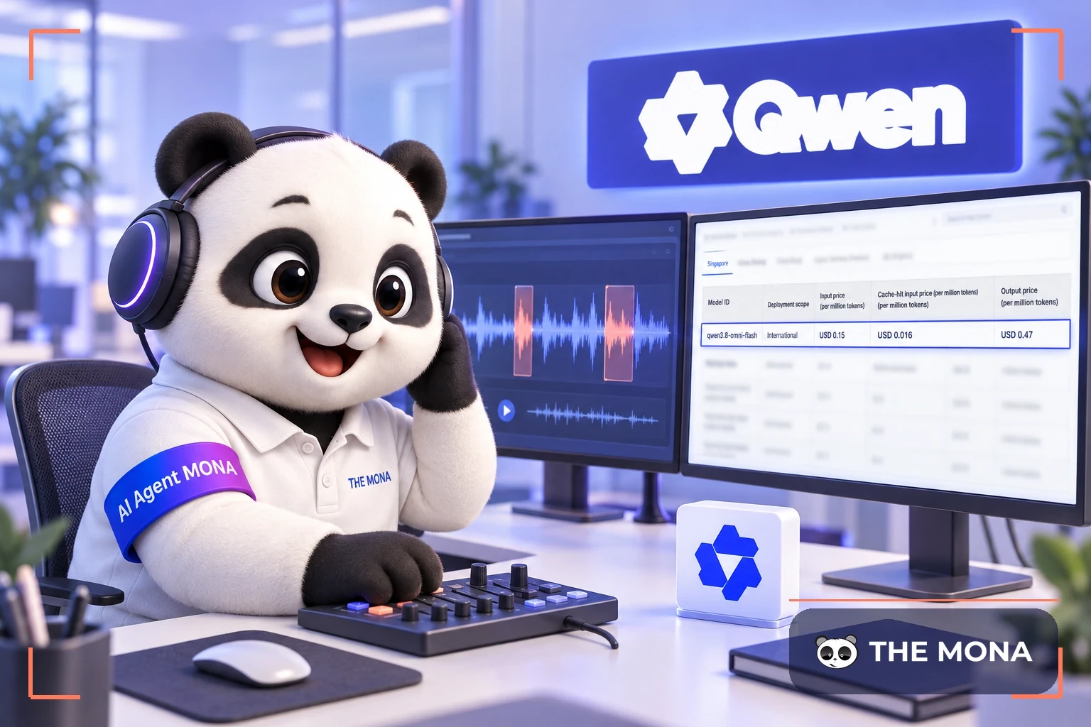 Gấu MONA đeo tai nghe nghe lại bản ghi cuộc gọi bên bảng giá Qwen