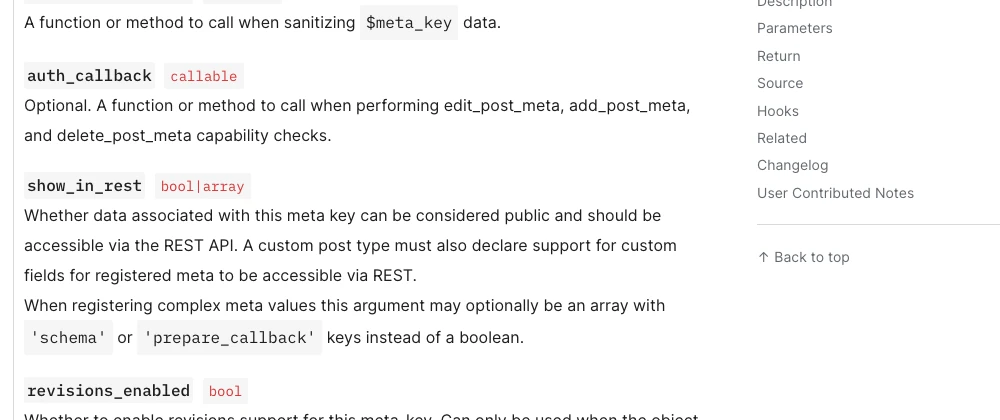Trang tài liệu register_meta mô tả show_in_rest và auth_callback của trường tùy chỉnh