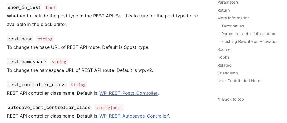 Trang tài liệu WordPress liệt kê tham số show_in_rest, rest_base và rest_namespace của register_post_type