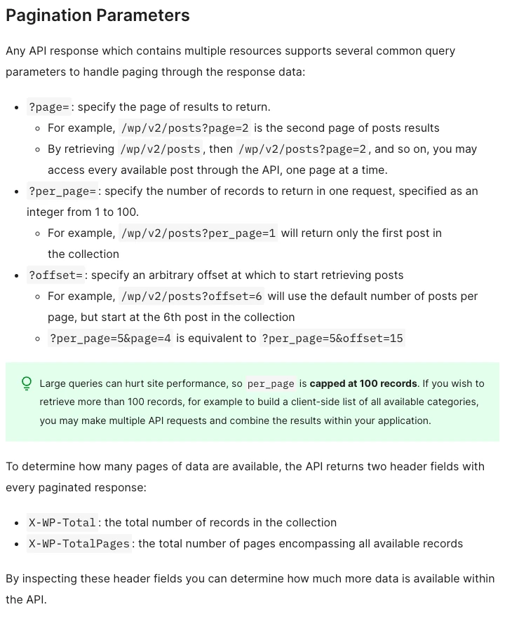 Tài liệu REST API của WordPress mô tả per_page tối đa 100 và hai header X-WP-Total
