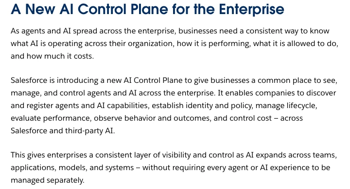 Đoạn thông cáo mô tả AI Control Plane đăng ký, gán chính sách và theo dõi chi phí agent