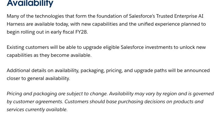 Mục Availability của Salesforce ghi tính năng mới bắt đầu triển khai đầu năm tài chính FY28