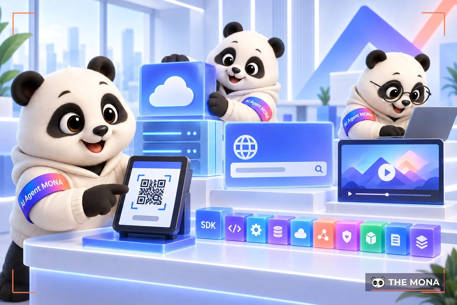 Gấu MONA bày các sản phẩm MONA Pay, MONA Cloud, MONA Domain làm bằng agentic coding