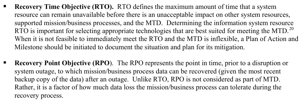 Đoạn định nghĩa RTO và RPO trong tài liệu NIST SP 800-34 Rev.1, trang 17