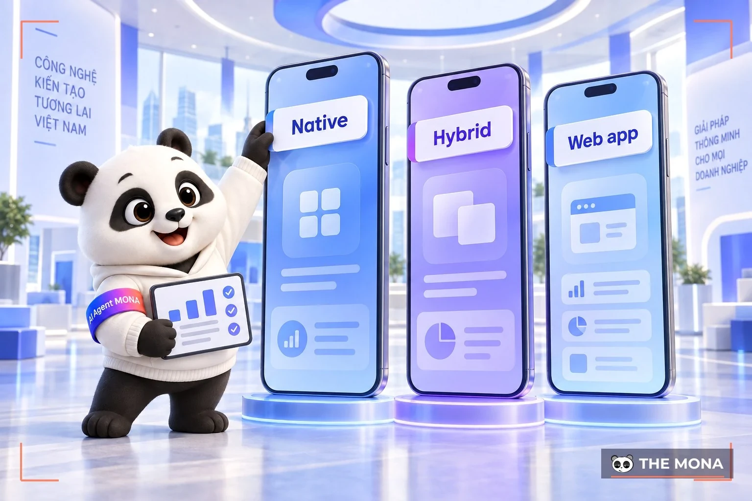 Ba điện thoại gắn nhãn Native, Hybrid và Web app đặt cạnh nhau để so sánh