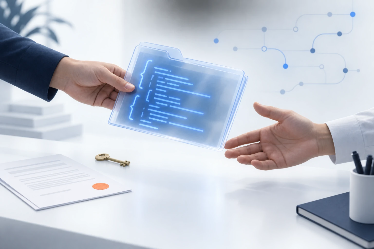 Bàn giao thư mục source code kèm chìa khoá và văn bản giấy phép giữa hai bên