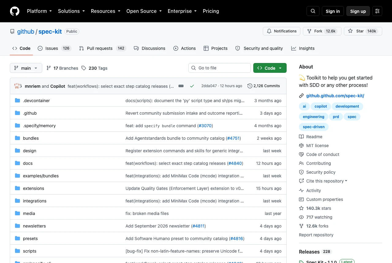 Trang dự án Spec Kit của GitHub với 140 nghìn sao, chụp ngày 06/10/2026