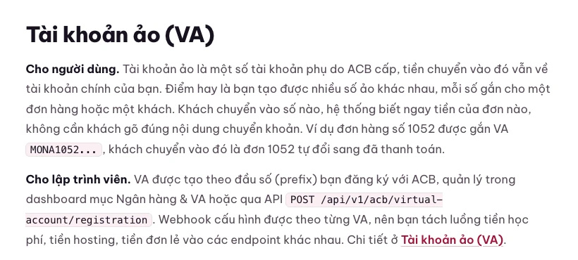 Đoạn giải thích tài khoản ảo là số tài khoản phụ do ACB cấp trên tài liệu MONA Pay
