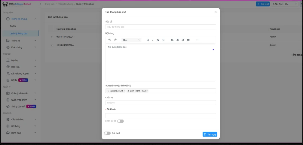 Màn hình tạo thông báo gửi học viên theo cơ sở kèm tuỳ chọn gửi email