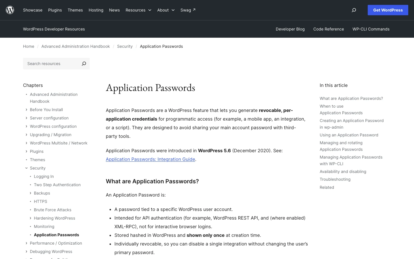 Trang Application Passwords của WordPress trên developer.wordpress.org nêu tính năng có từ phiên bản 5.6