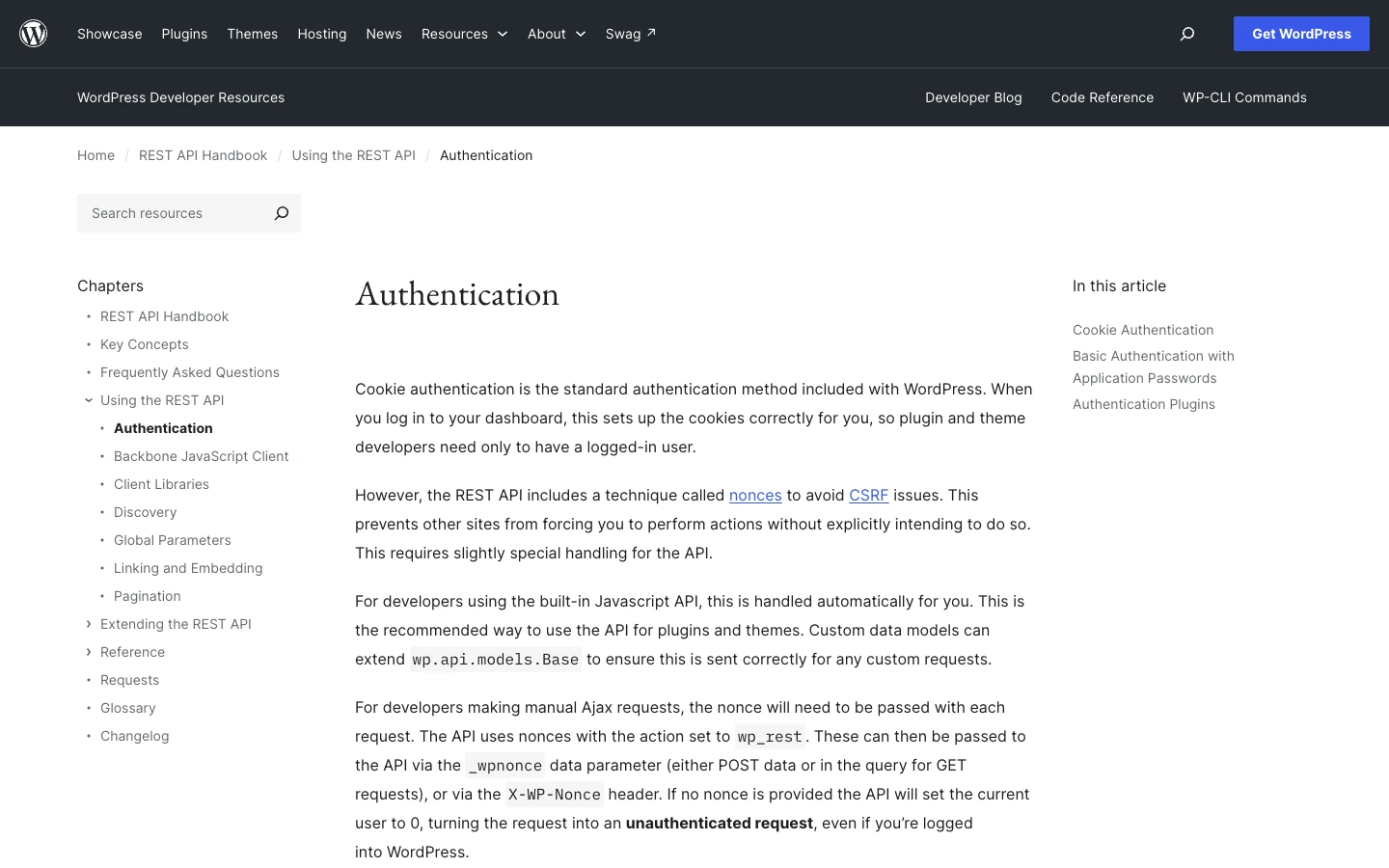 Trang Authentication của REST API nói về nonce với action wp_rest và header X-WP-Nonce