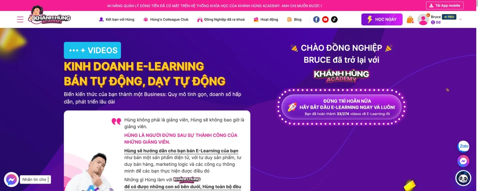 Trang chủ Khánh Hùng Academy, website học trực tuyến bán khóa kinh doanh e-learning