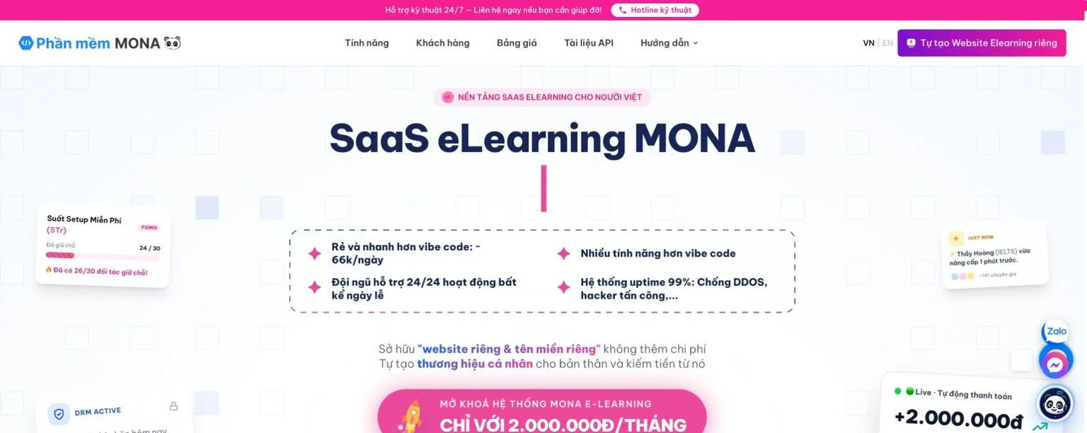 Trang chủ MONA Academy, nền tảng SaaS cho người bán khóa học online