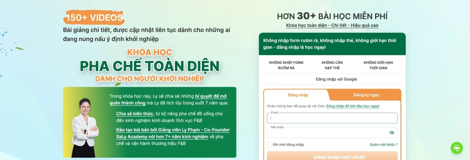 Trang đích Saly Academy mời học thử miễn phí trước khi mua khóa pha chế