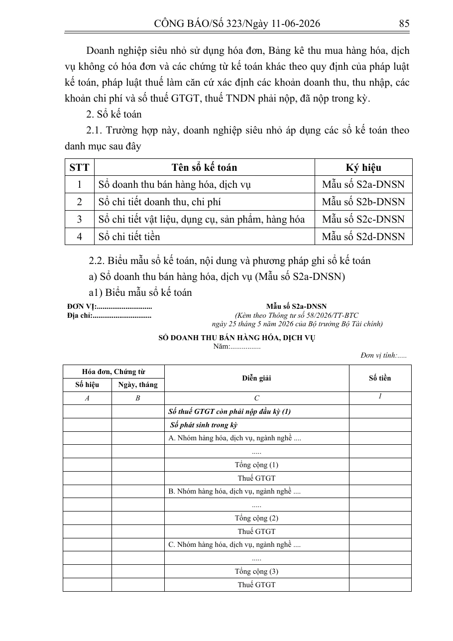 Trang Công báo liệt kê bốn sổ kế toán áp dụng theo Điều 6 Thông tư 58/2026