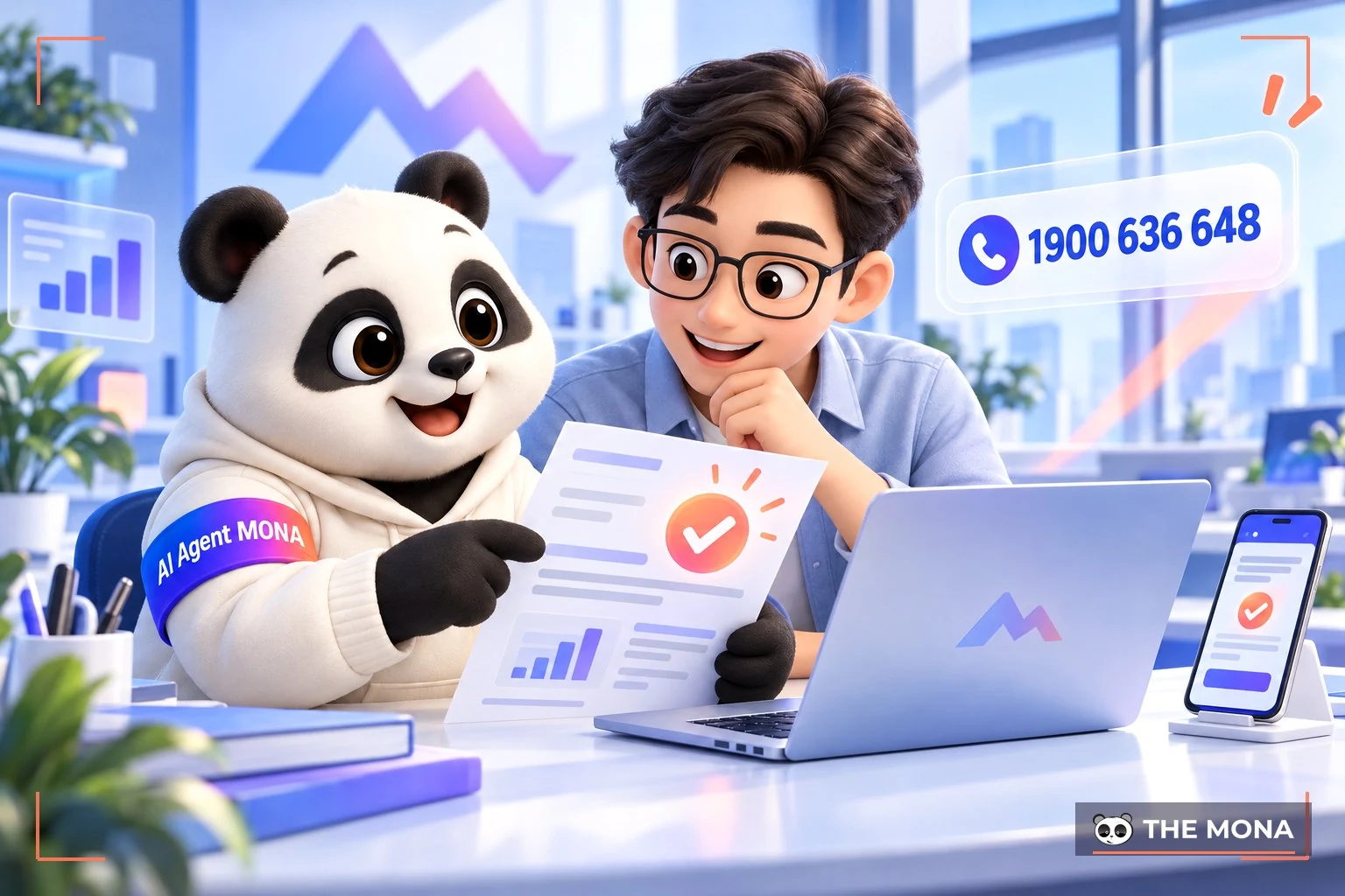Gấu MONA và chủ doanh nghiệp xem chung bản báo giá cạnh số tổng đài