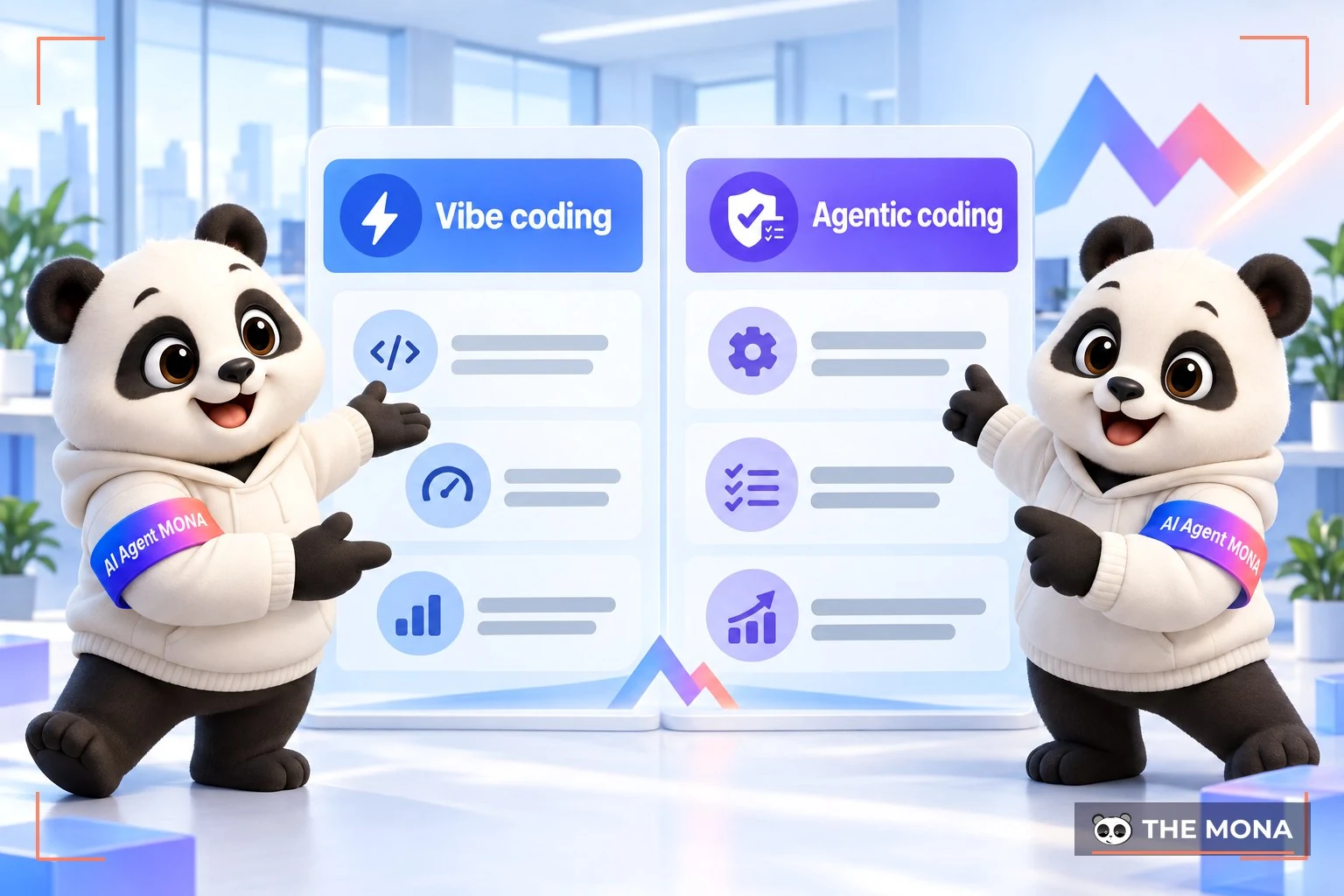 Bảng so sánh vibe coding và agentic coding với đội gấu MONA hai bên