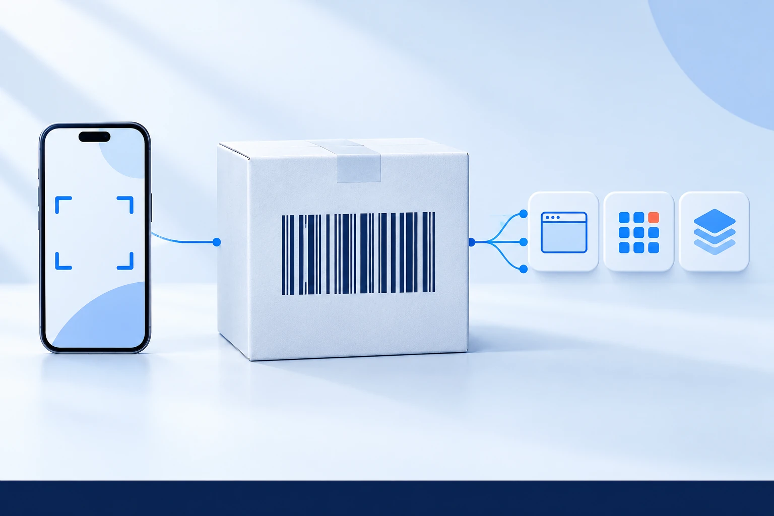 Mã vạch trên hộp nối với điện thoại quét mã và ba ô web, app