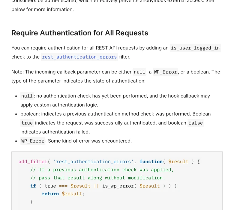 Đoạn hướng dẫn của WordPress về chặn truy cập REST ẩn danh bằng filter rest_authentication_errors