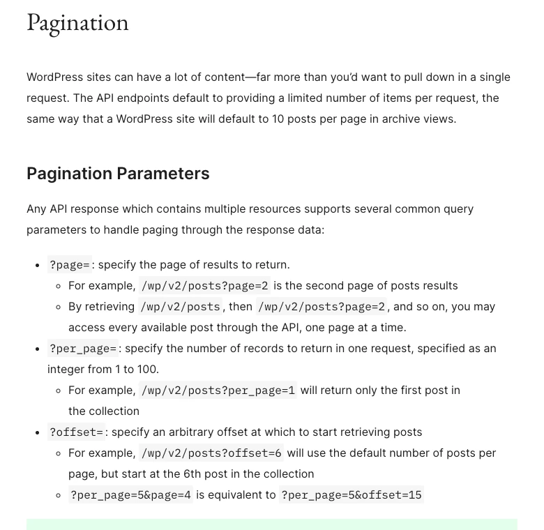 Trang Pagination của developer.wordpress.org ghi per_page chỉ nhận từ 1 đến 100