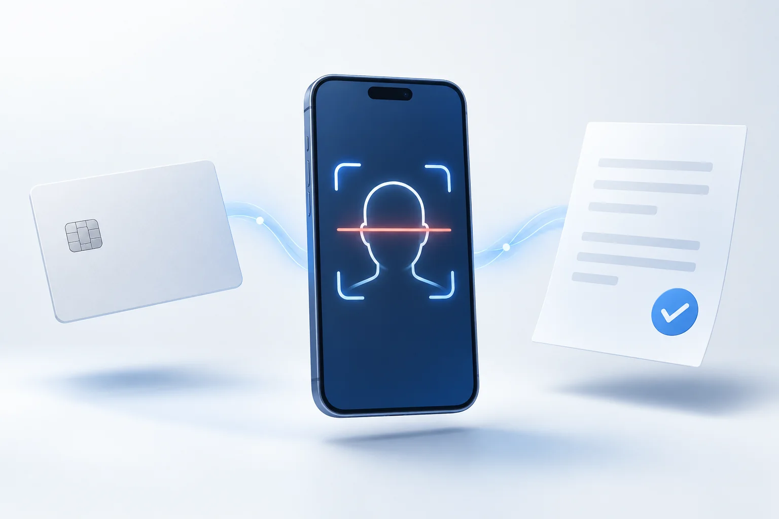Điện thoại quét khuôn mặt giữa thẻ căn cước gắn chip và tờ hóa đơn có dấu tích