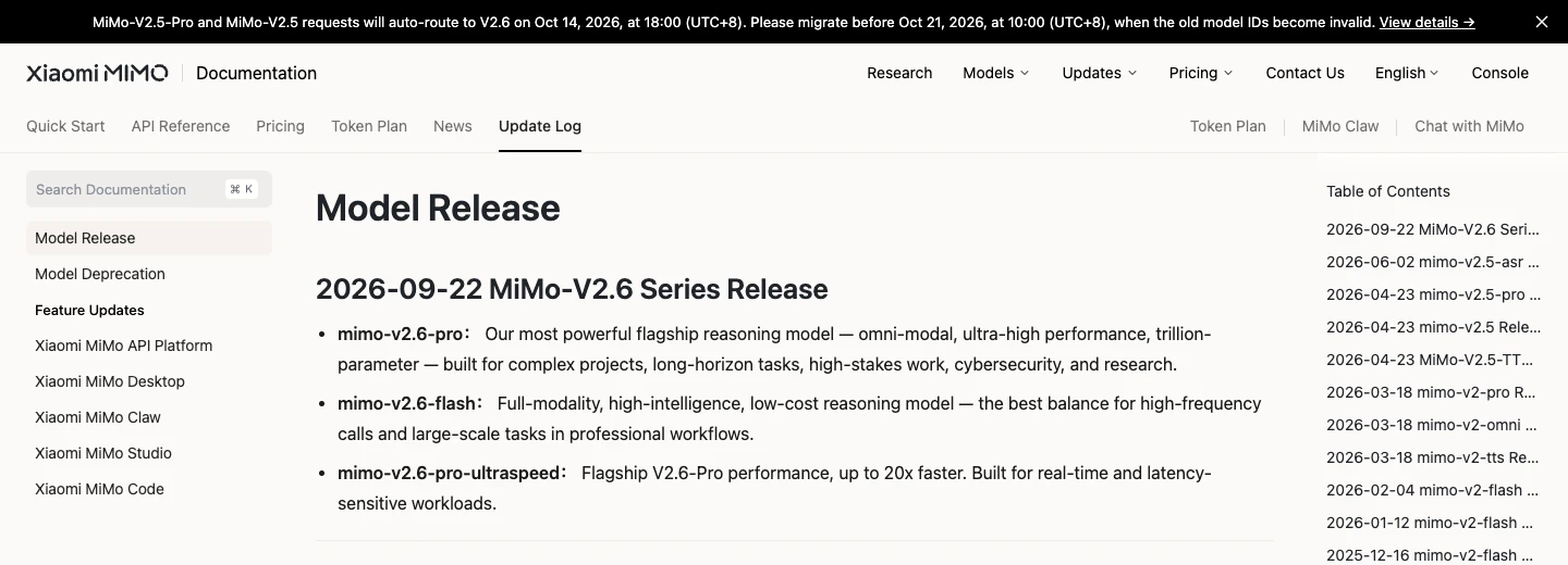 Trang cập nhật Xiaomi MiMo ghi ba bản MiMo-V2.6 ra ngày 22/09/2026